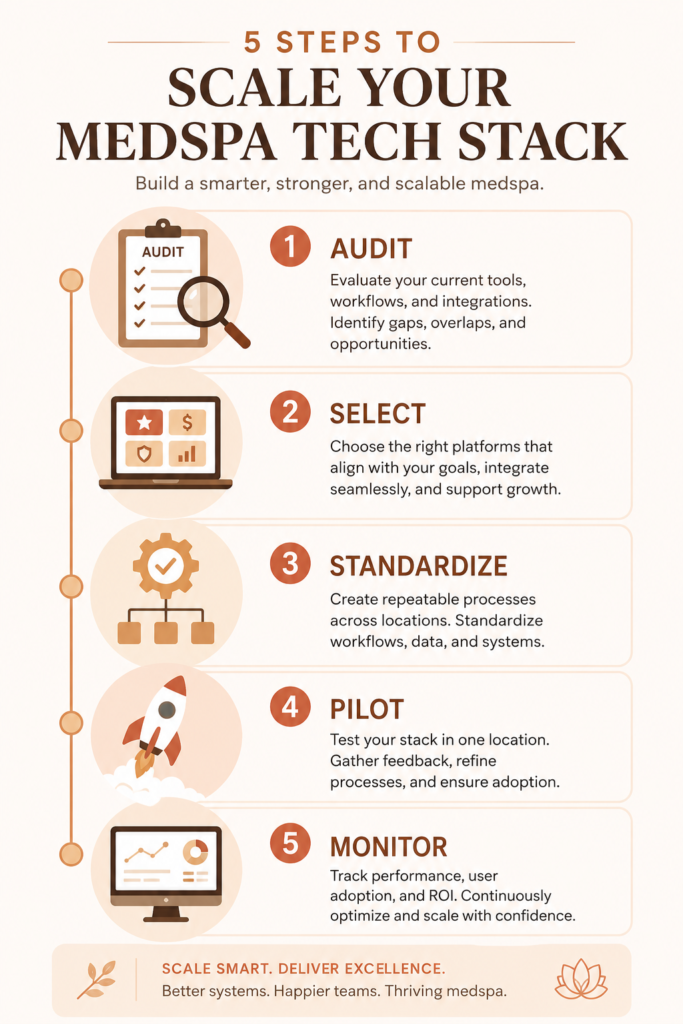 Infographic: 5 steps to scale medspa tech stack, using icons for each step (audit, select, standardize, pilot, monitor), warm color palette.