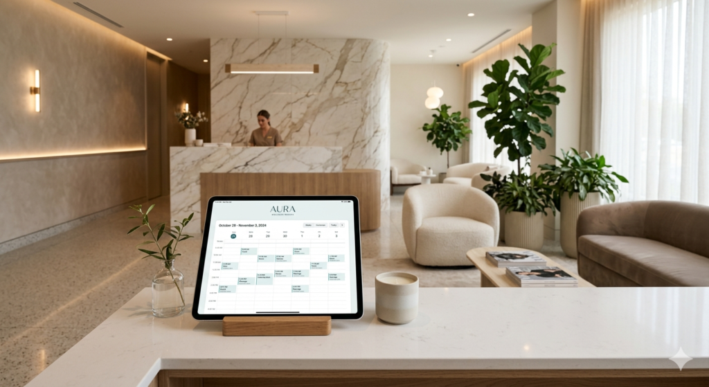 A sleek medspa reception desk with a tablet showing a multi-location dashboard, clean white background, modern aesthetic.