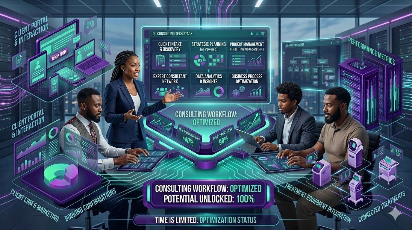 Integration diagram, happy team, success dashboard, or medspa interior