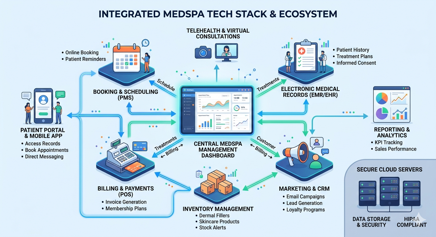 Recommended: Medspa tech stack visualization, servers, software dashboard, or integrated systems diagram