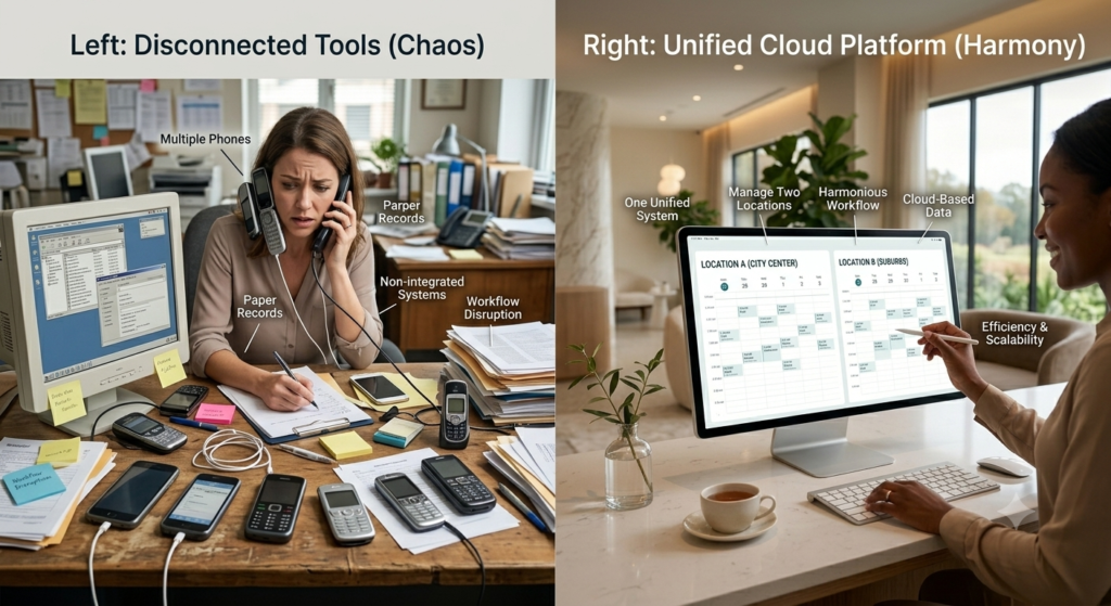 Split-screen comparison: left side shows chaotic disconnected tools (multiple phones, papers); right side shows unified cloud platform with one screen managing two locations, harmonious workflow.